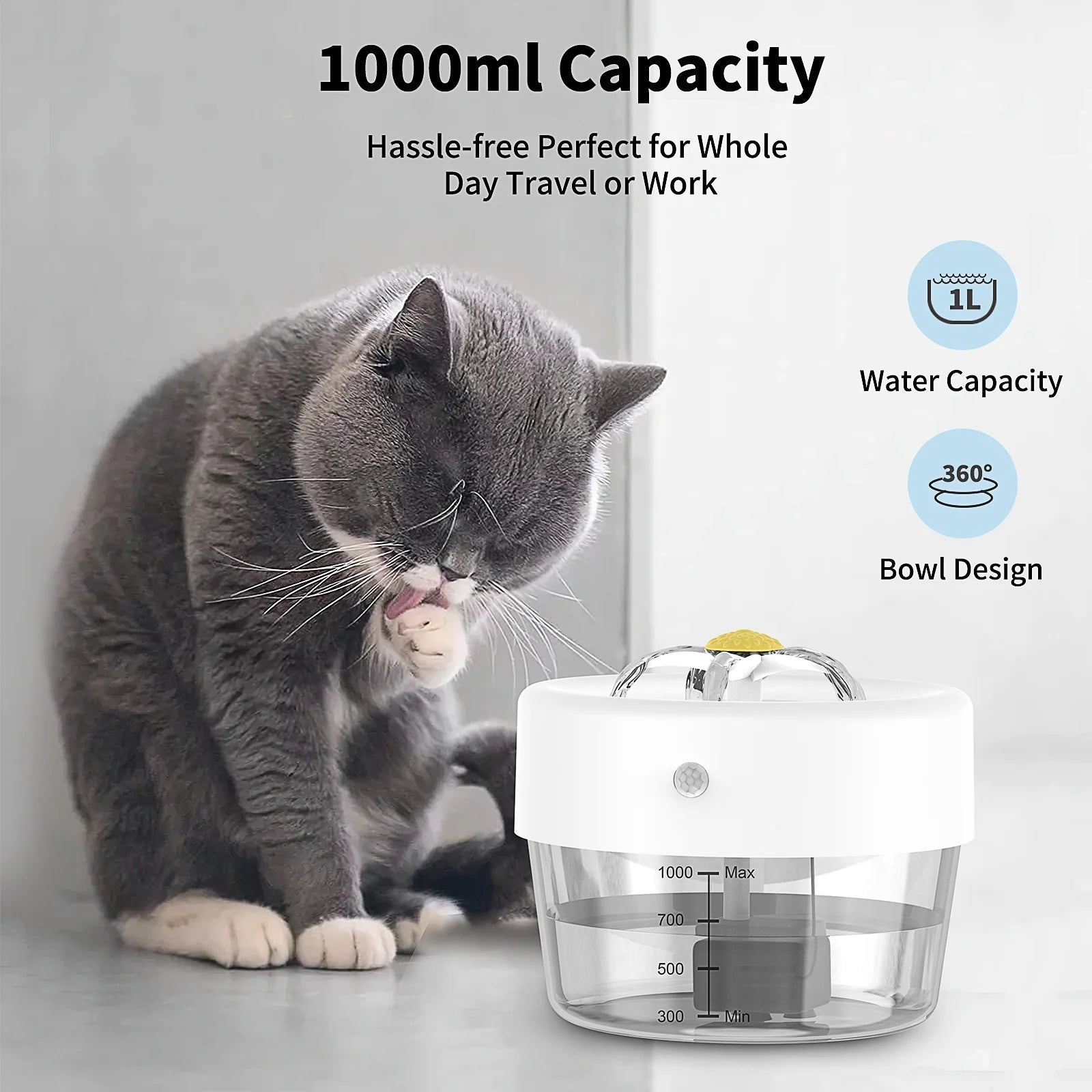 Cat Water Fountain, 1000Mah Battery, 1L Automatic Pet Drinking Fountain, White