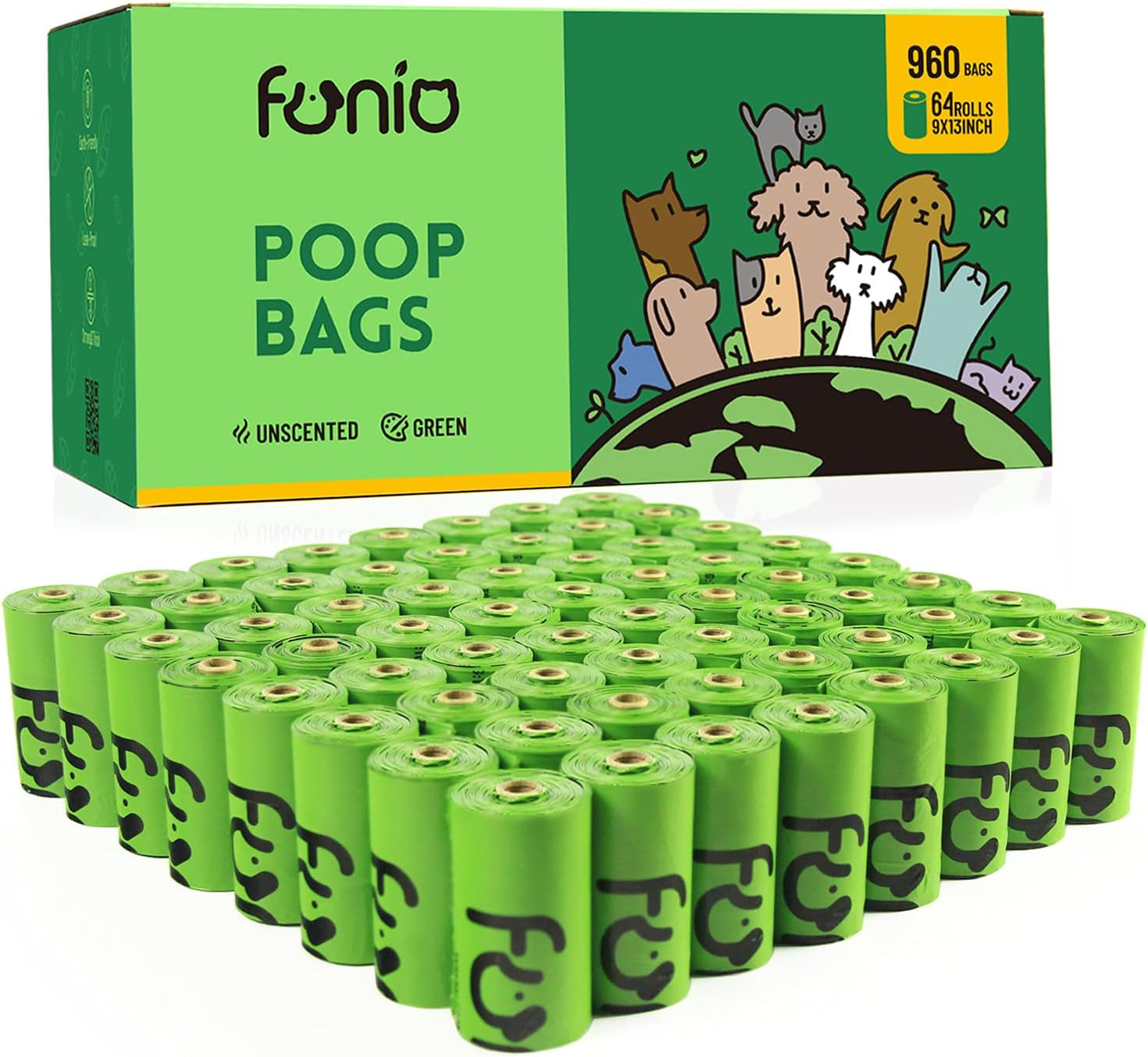 Funio 960 Count Scent Free Dog Poop Bags, Extra Thick and Leak Proof, Recyclable Packaging, Easy to Open and Dispose