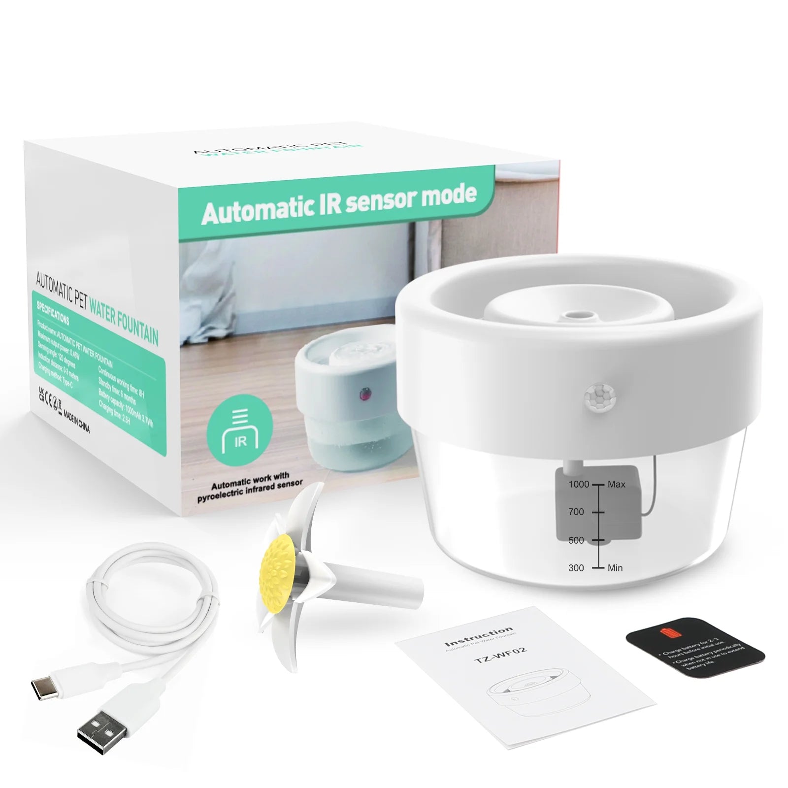 Cat Water Fountain, 1000Mah Battery, 1L Automatic Pet Drinking Fountain, White